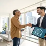 Real estate agent and client shaking hands in modern apartment.