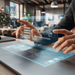Person using a transparent touchscreen interface in a modern office setting.