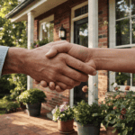 Two people shaking hands in front of a house with garden.