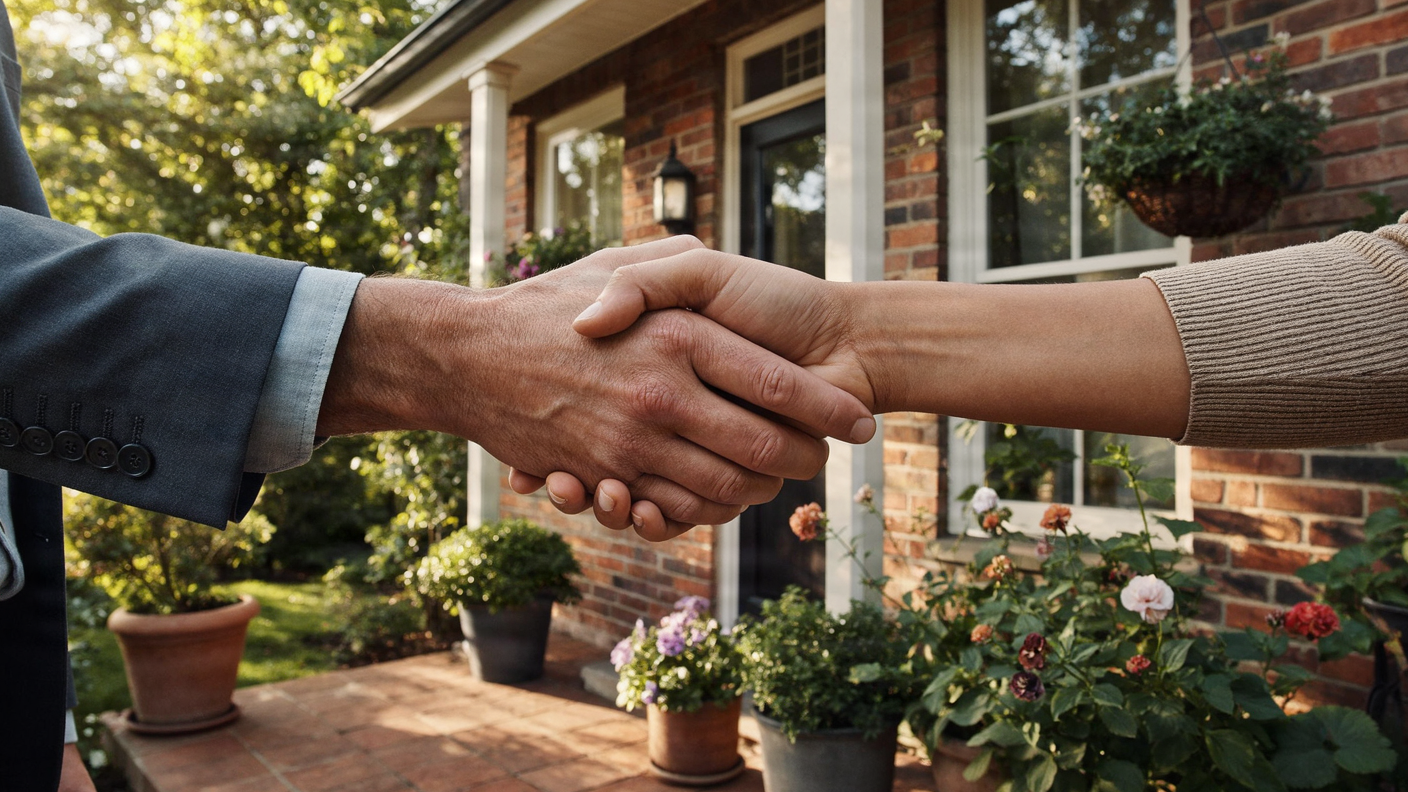 Two people shaking hands in front of a house with garden.