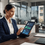 Businesswoman engaging with digital referencing service on tablet in office.