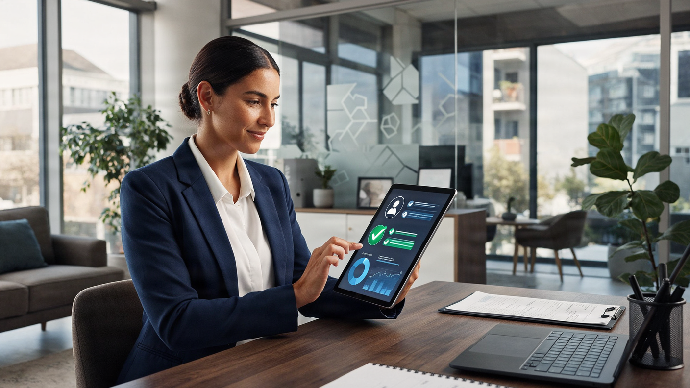 Businesswoman engaging with digital referencing service on tablet in office.