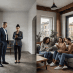 Real estate agents discussing tenant recommendations in a modern office.