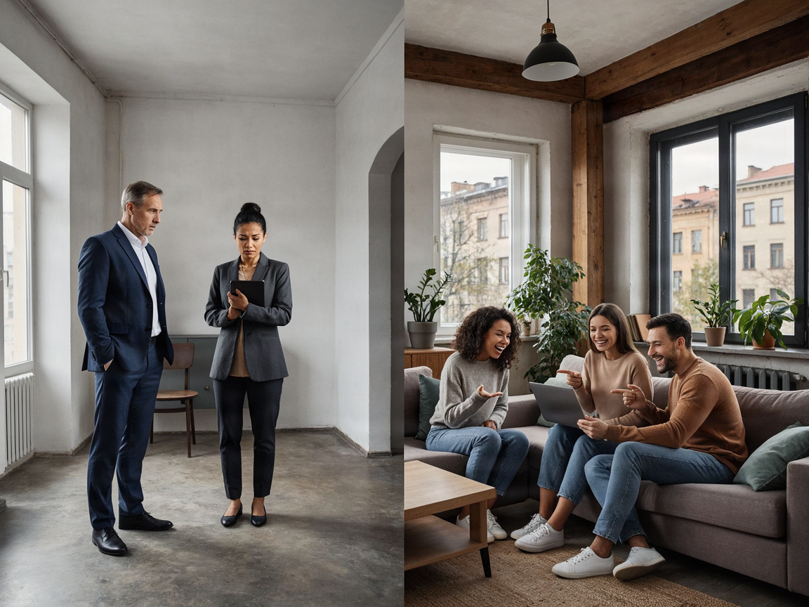 Real estate agents discussing tenant recommendations in a modern office.