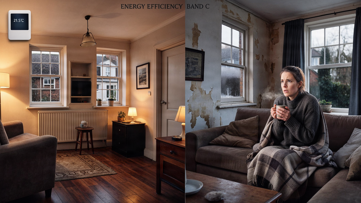 Comparison of energy efficiency standards in two homes, Band C and energy-efficient home.