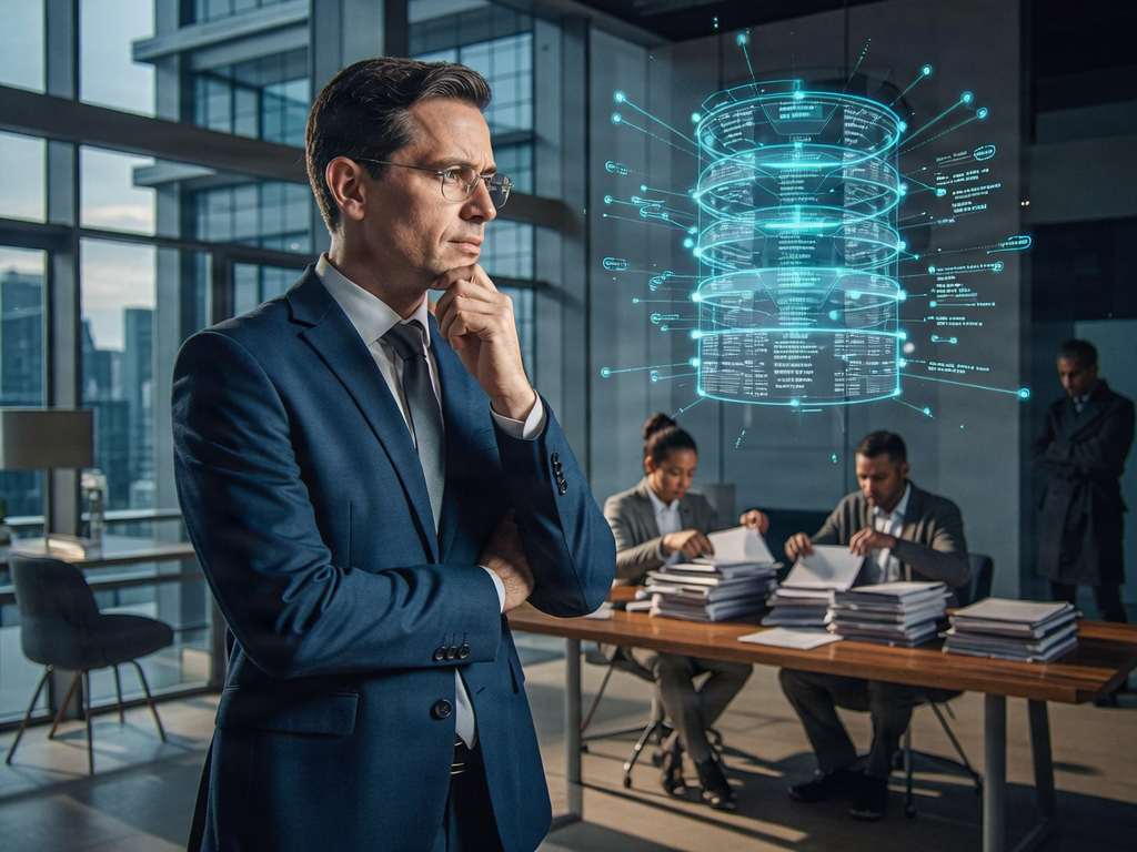 Businessman analyzing digital data interface in modern office.
