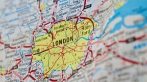 Detailed map highlighting London and nearby towns in the UK.